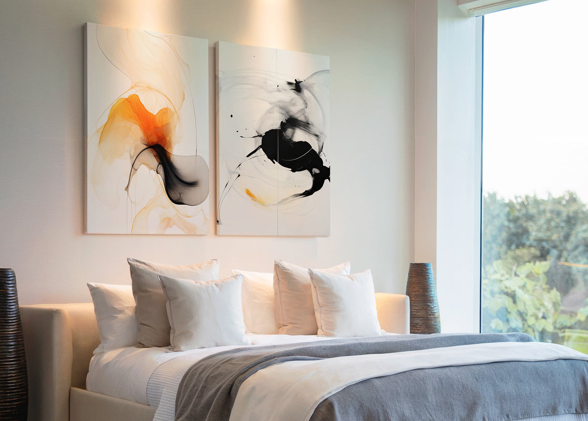 Modern Fluid Abstract Art in Orange, Black & White