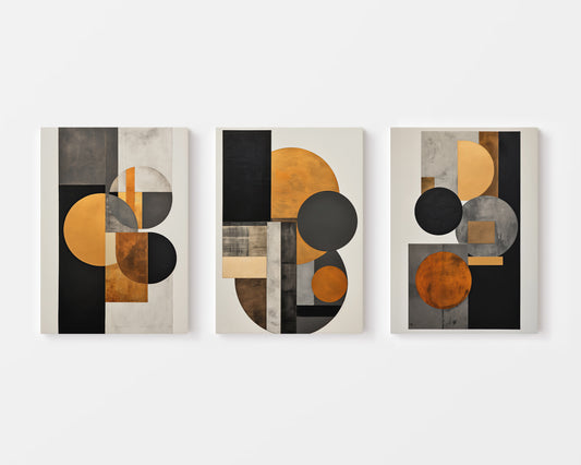 Beige and Black Modern Geometric Abstract Set of 3 wall art 