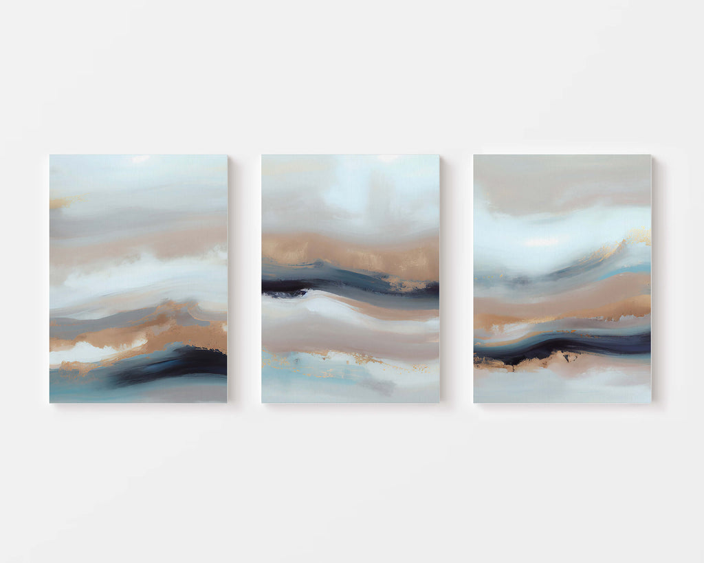 Soft coastal abstract in beige and blue – wall art set of 3 – Artrise canvas prints