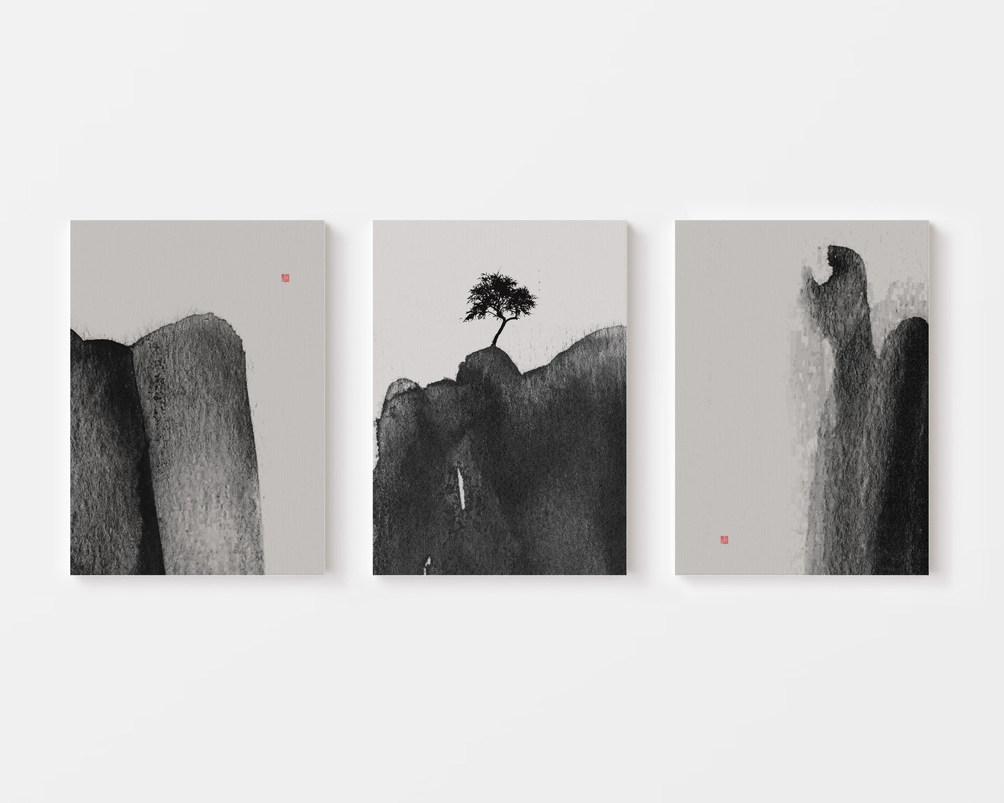japanese ink wash sumi e set of 3 paintings