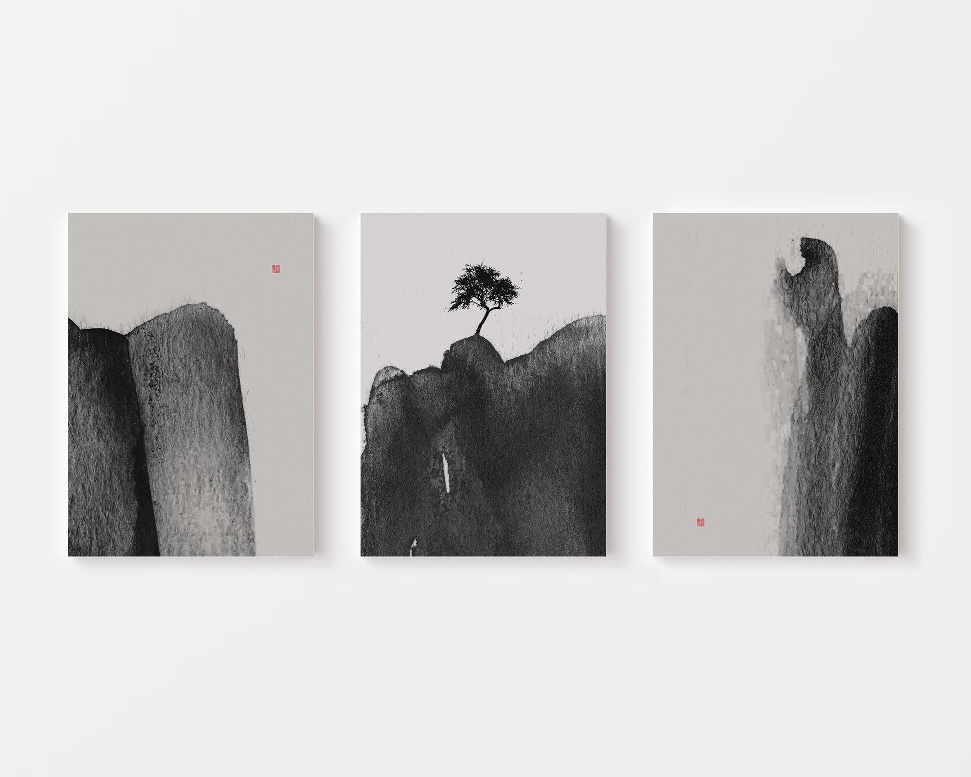 japanese ink wash sumi e set of 3 paintings