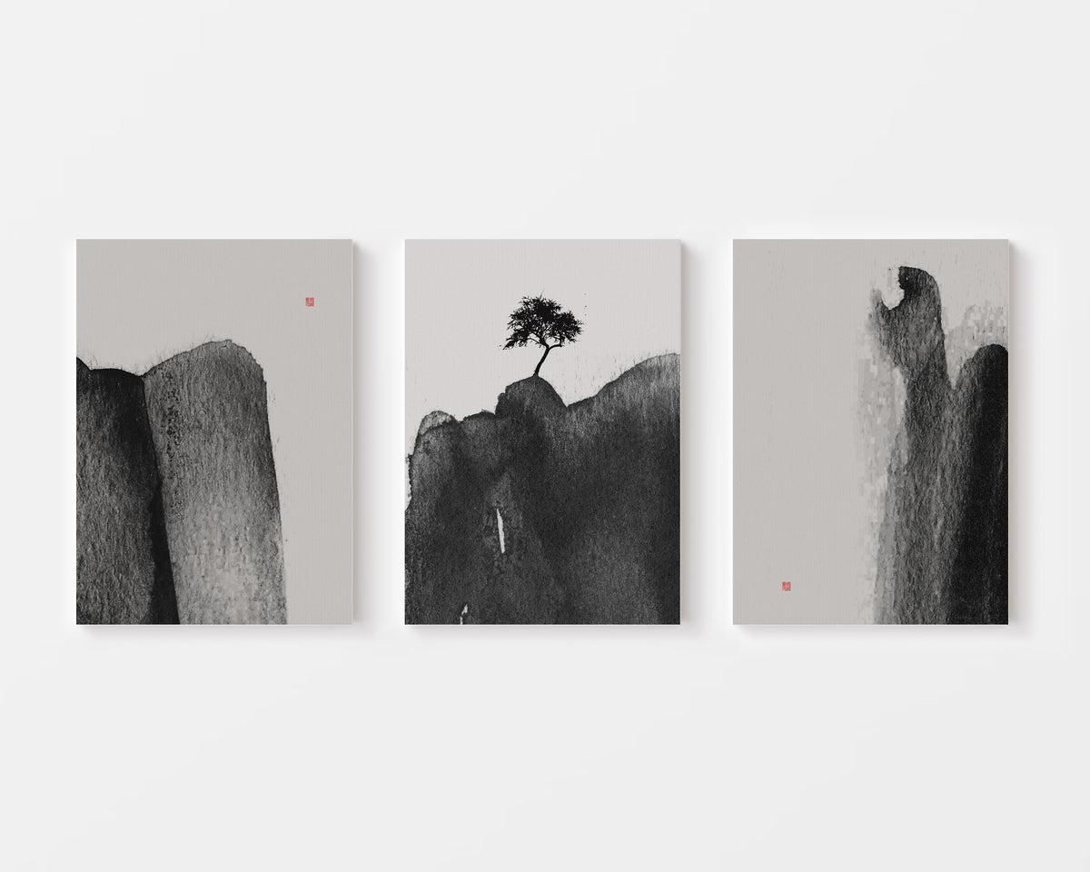 japanese ink wash sumi e set of 3 paintings