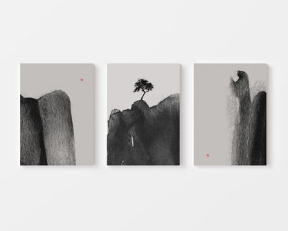 japanese ink wash sumi e set of 3 paintings
