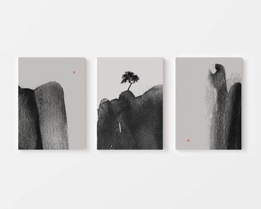 japanese ink wash sumi e set of 3 paintings