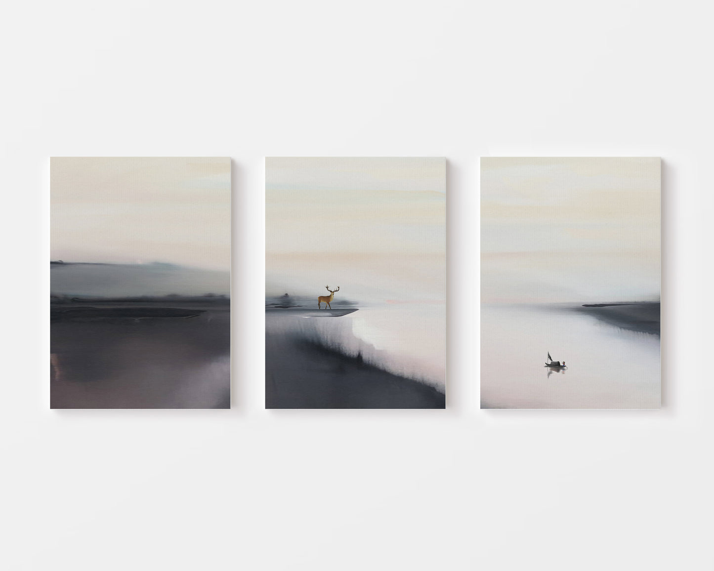 Coastal Minimal landscape painting with deer and abstract calming vibe