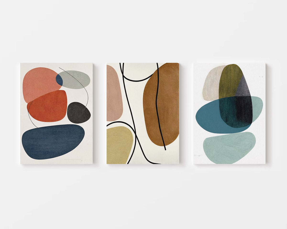 Mid-century modern abstract shapes in warm and navy tones – wall art set of 3 – Artrise canvas prints