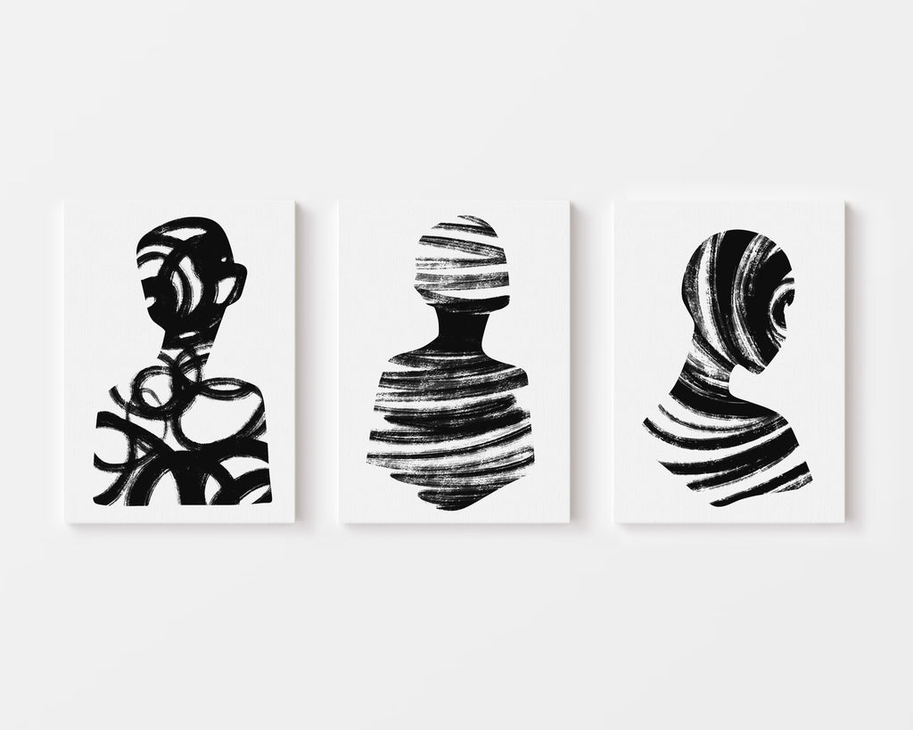 set of 3 black brushstroke figure prints