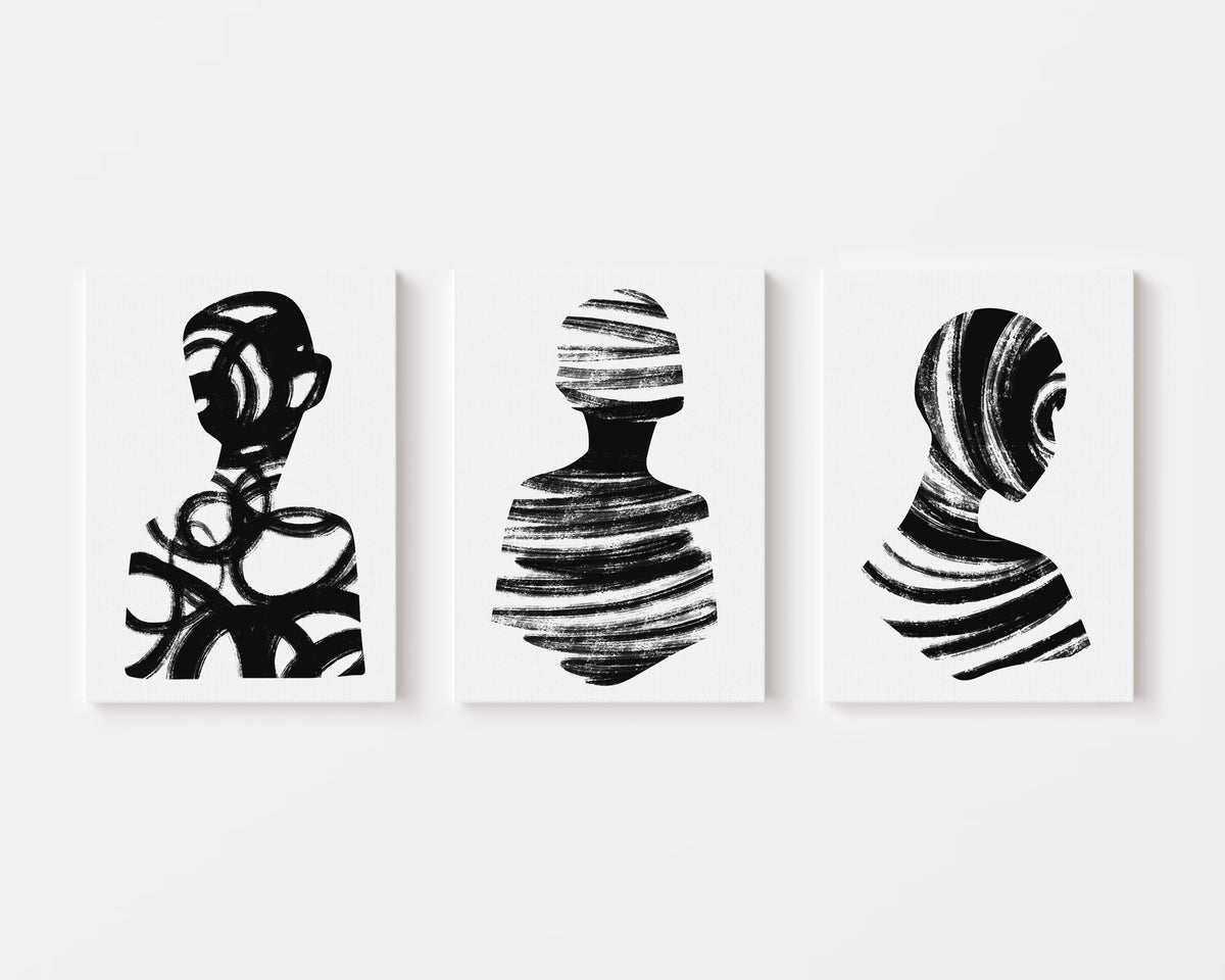set of 3 black brushstroke figure prints