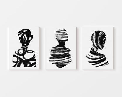 set of 3 black brushstroke figure prints