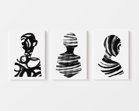 set of 3 black brushstroke figure prints