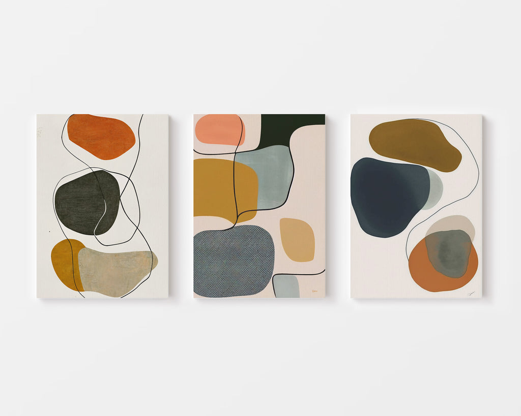 Mid-century organic pebble shapes in olive, terracotta and mustard wall art set of 3 Artrise canvas prints
