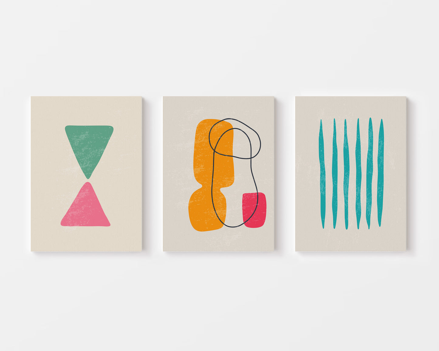 colorful retro shapes geometric abstract wall art trio