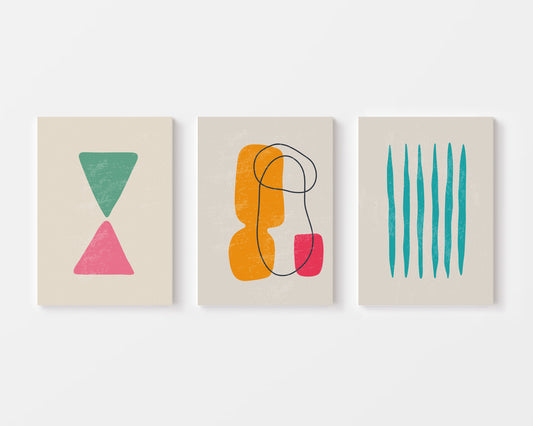 colorful retro shapes geometric abstract wall art trio