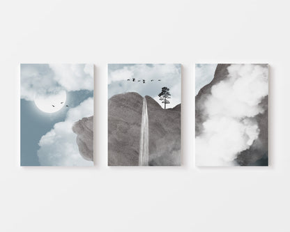 Dreamy moonlit waterfall illustration in blue and grey – wall art set of 3 – Artrise canvas prints