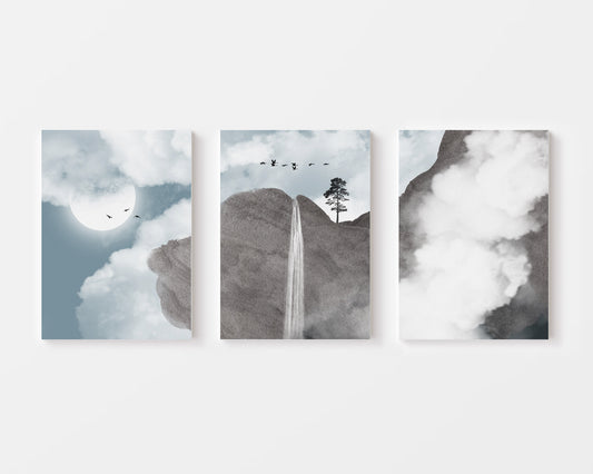 Dreamy moonlit waterfall illustration in blue and grey – wall art set of 3 – Artrise canvas prints