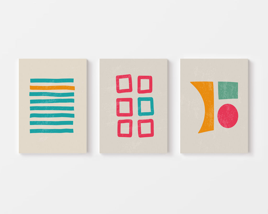 Retro Grid Shapes Trio – Set of 3 Mid-Century Modern Wall Art Prints