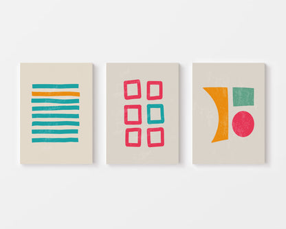 Retro Grid Shapes Trio – Set of 3 Mid-Century Modern Wall Art Prints