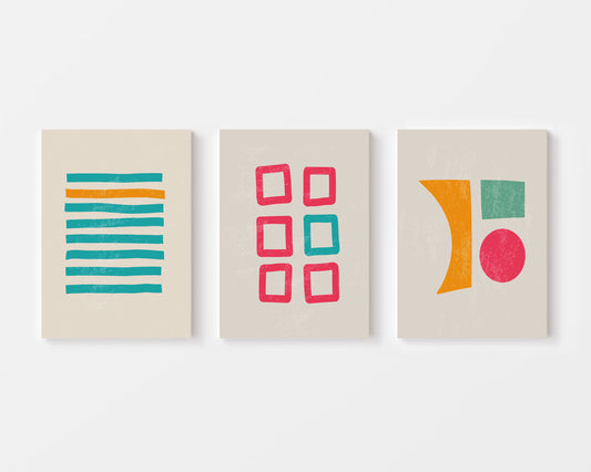 Retro Grid Shapes Trio – Set of 3 Mid-Century Modern Wall Art Prints