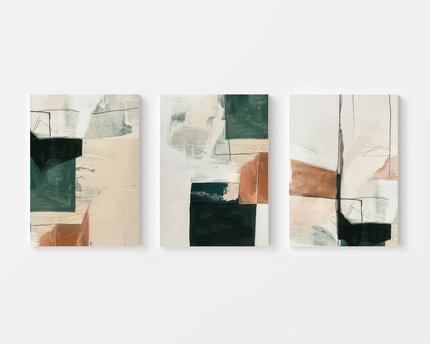 Green and terracotta abstract colour block art – wall art set of 3 – Artrise canvas prints