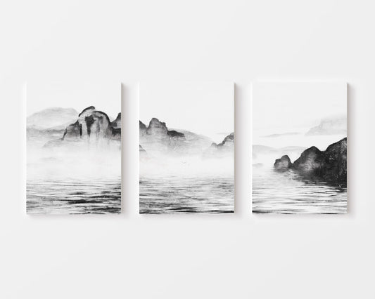 misty mountain landscape triptych wall art set