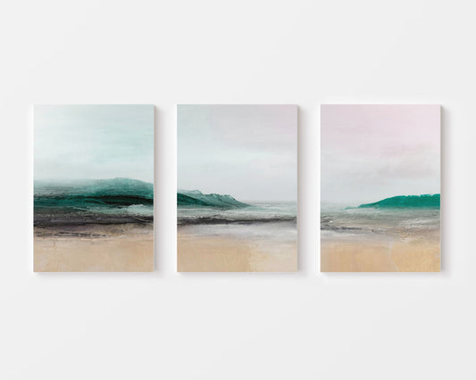 Teal and beige coastal abstract landscape – wall art set of 3 – Artrise canvas prints