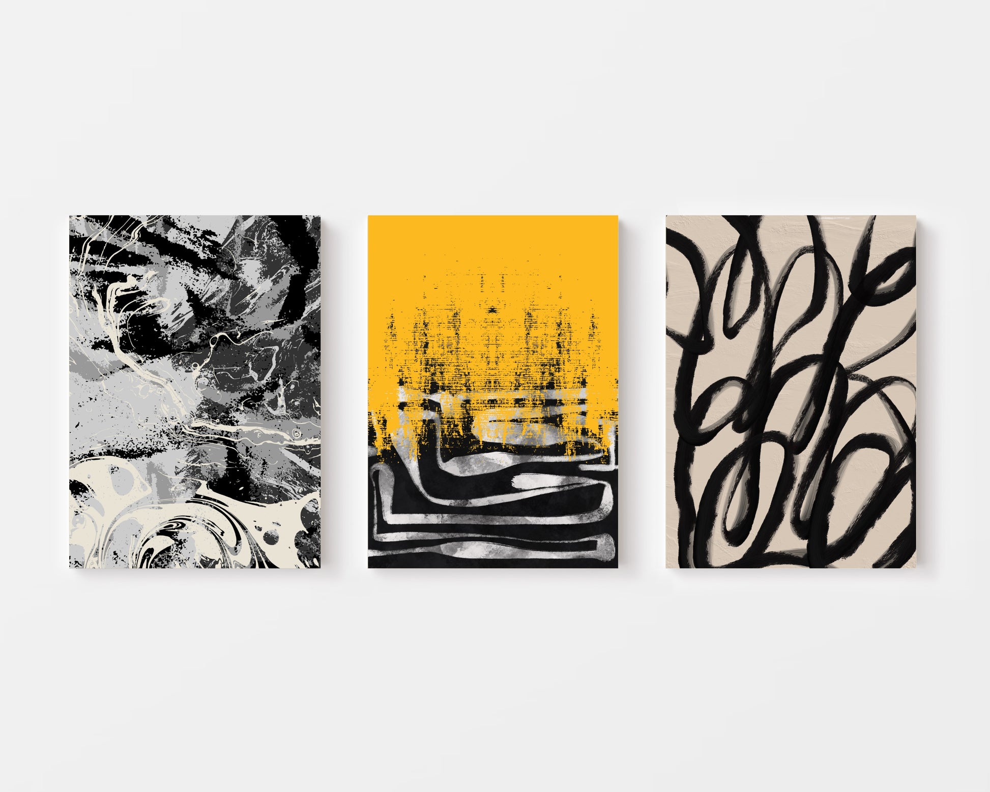 Modern abstract wall art set of 3 in black yellow and beige