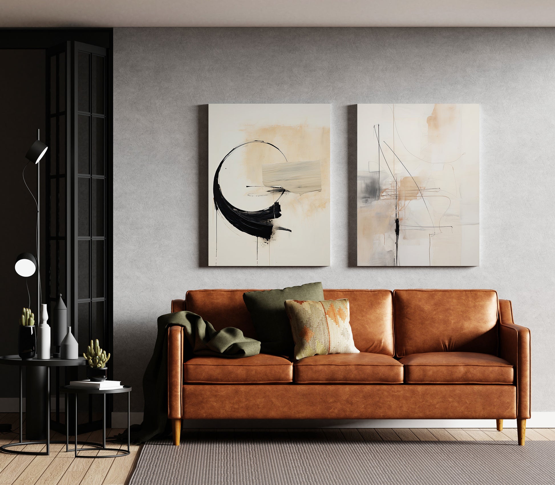 Beige, white and black abstract line art for luxury homes