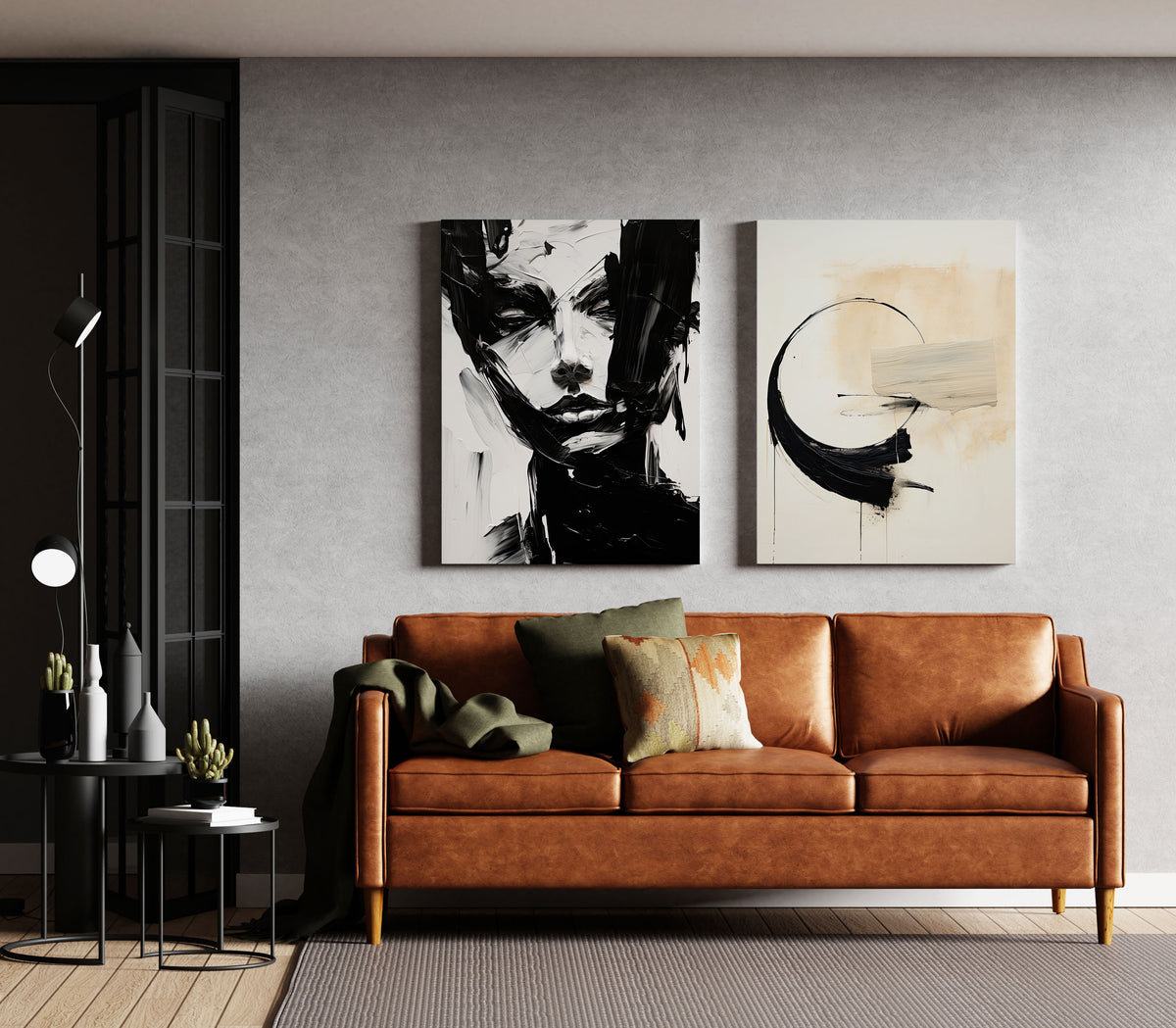 Bold Black and White Abstract Portrait & Brush Art in modern living room