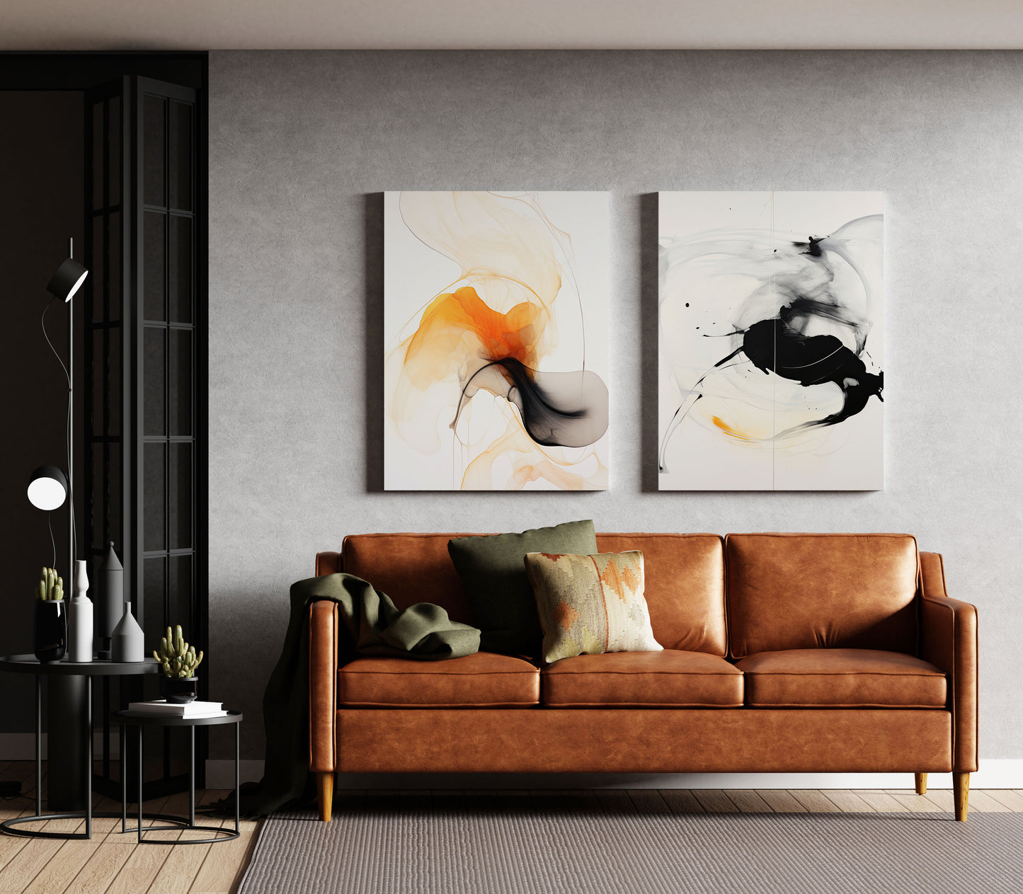 Modern Fluid Abstract Art in Orange, Black & White