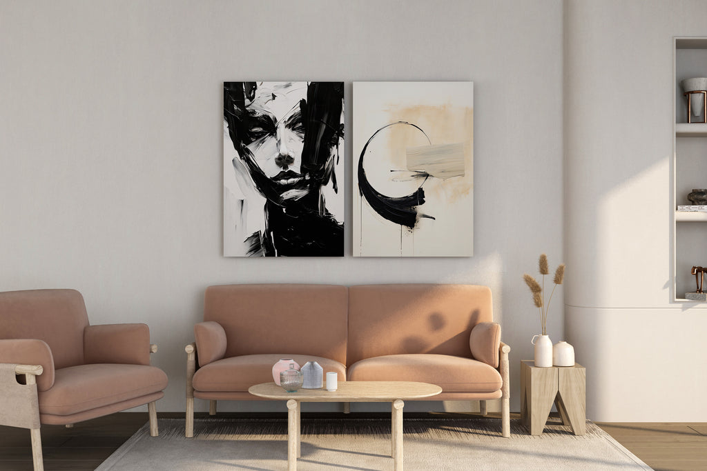 Bold Black and White Abstract Portrait & Brush Art in modern living room