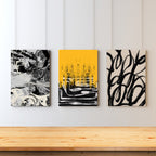 Modern abstract wall art set of 3 in black yellow and beige