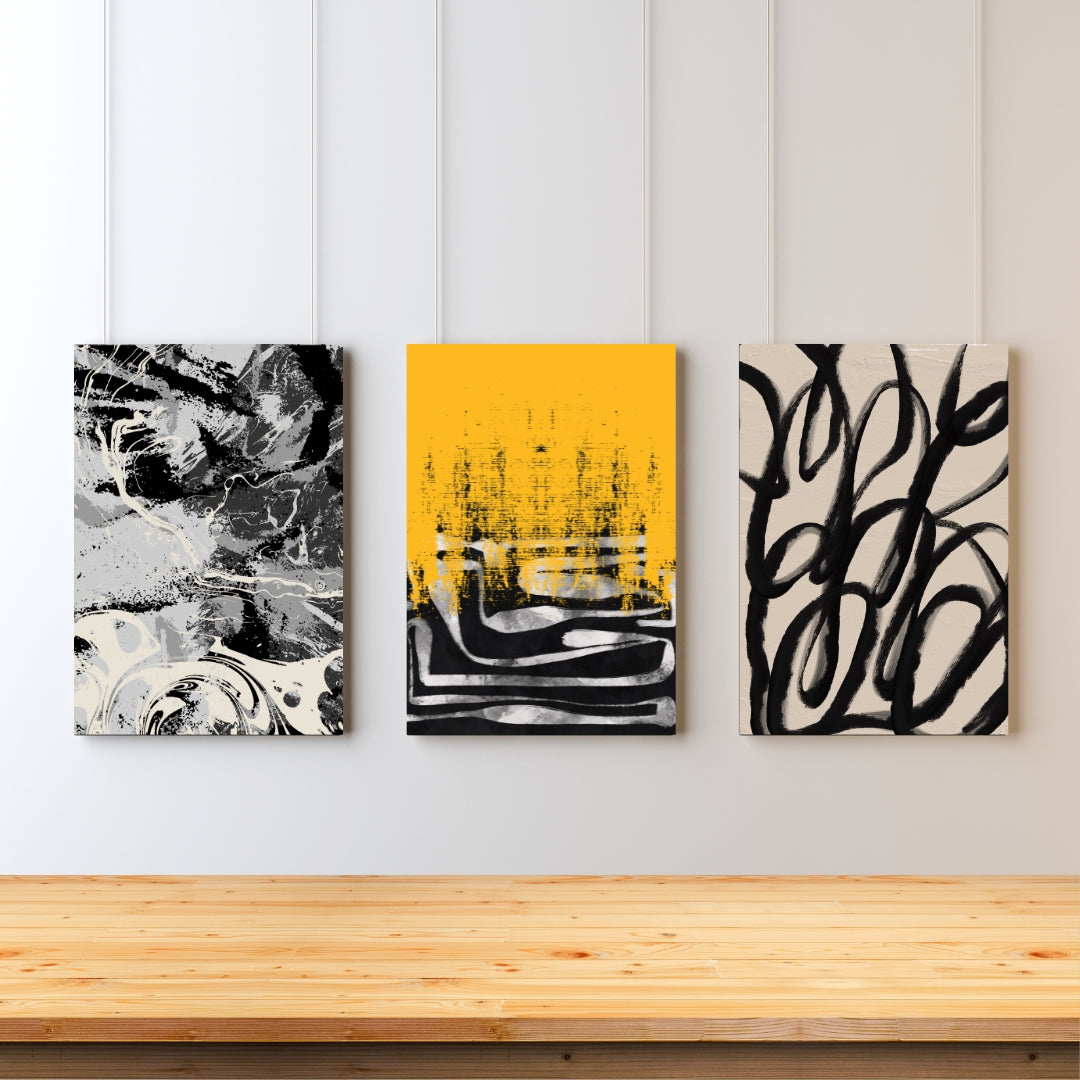 Modern abstract wall art set of 3 in black yellow and beige
