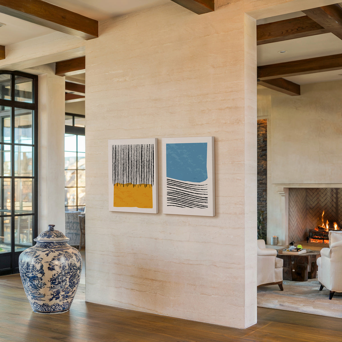 Mid-Century Modern Colorblock Geometric Abstract set of 2 wall art