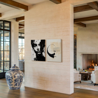 Bold Black and White Abstract Portrait & Brush Art in modern living room