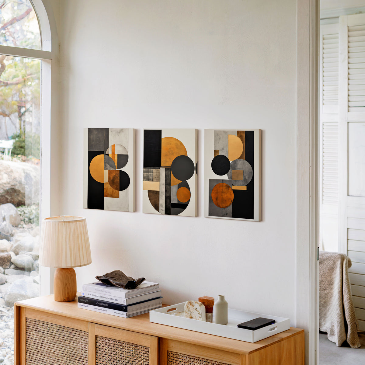 Beige and Black Modern Geometric Abstract Set of 3 wall art 