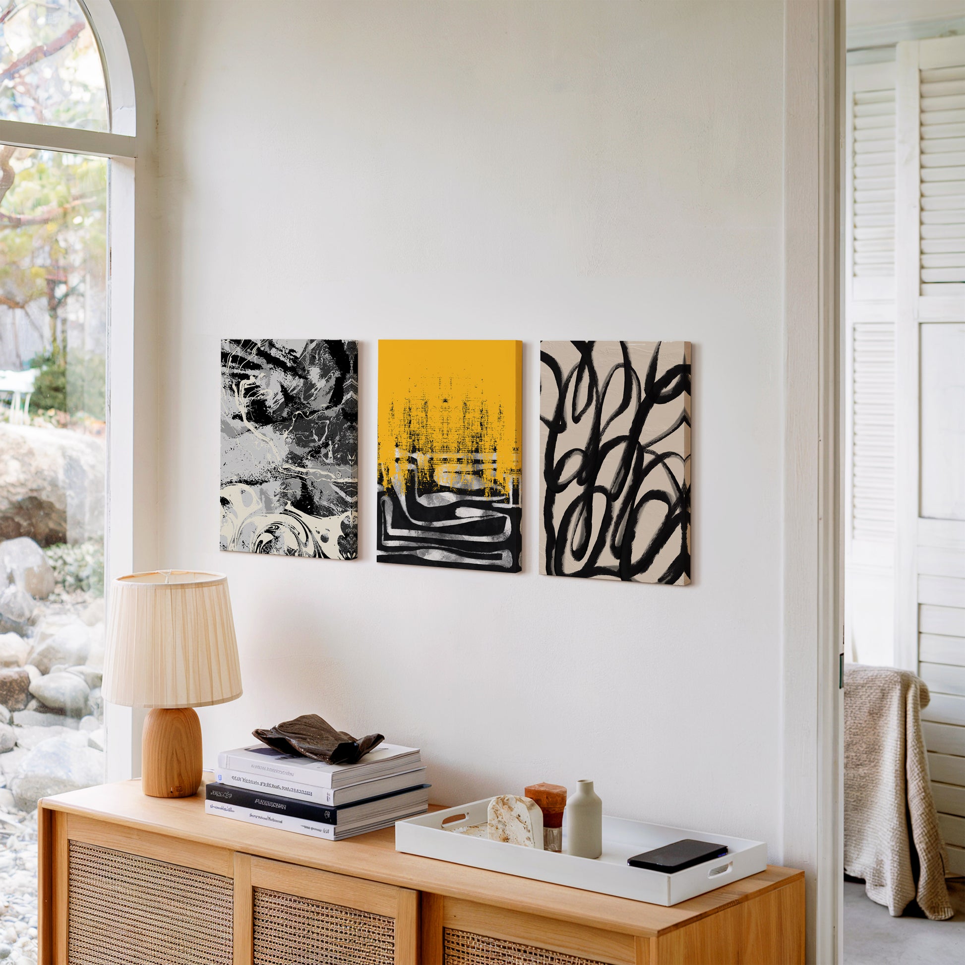 Modern abstract wall art set of 3 in black yellow and beige