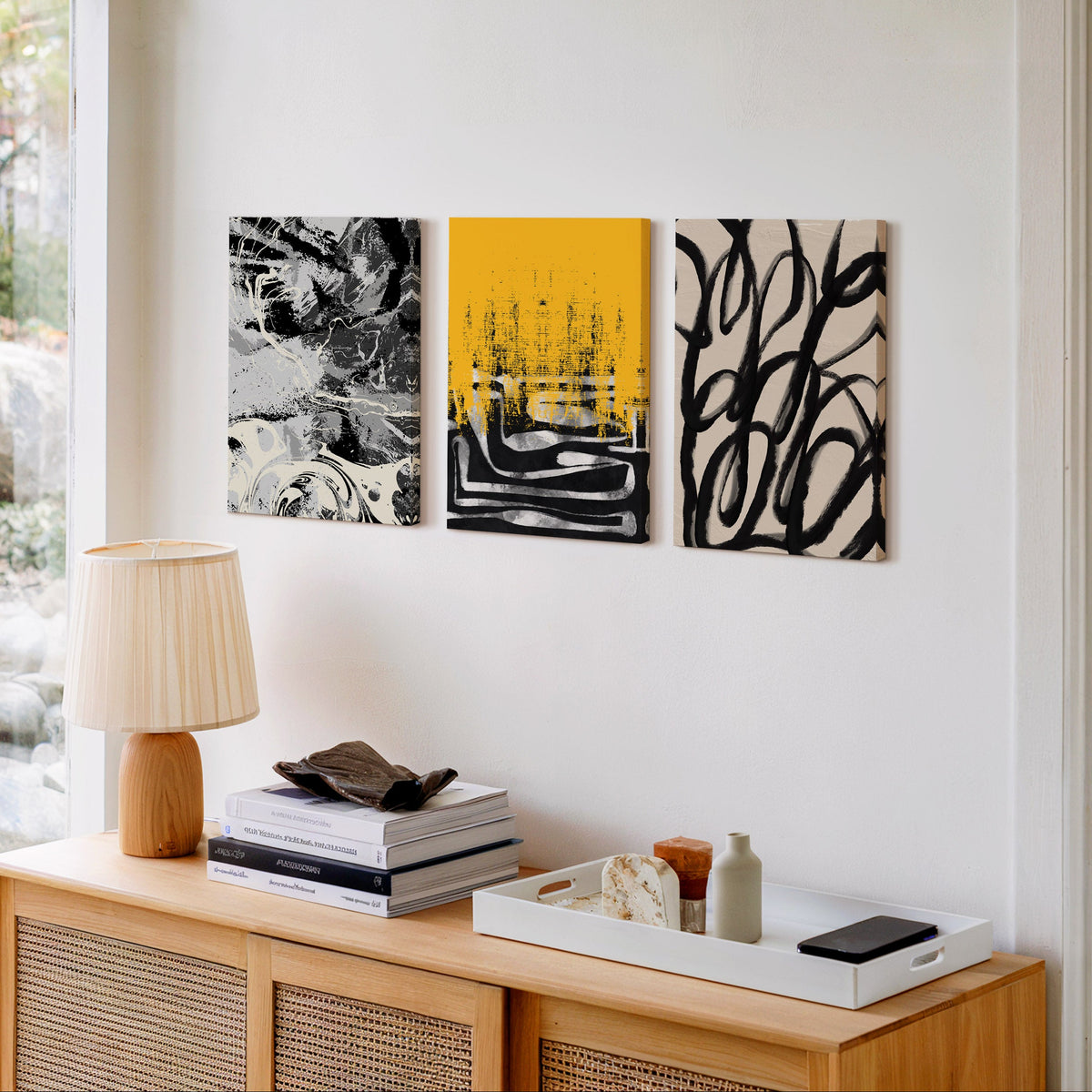 Modern abstract wall art set of 3 in black yellow and beige