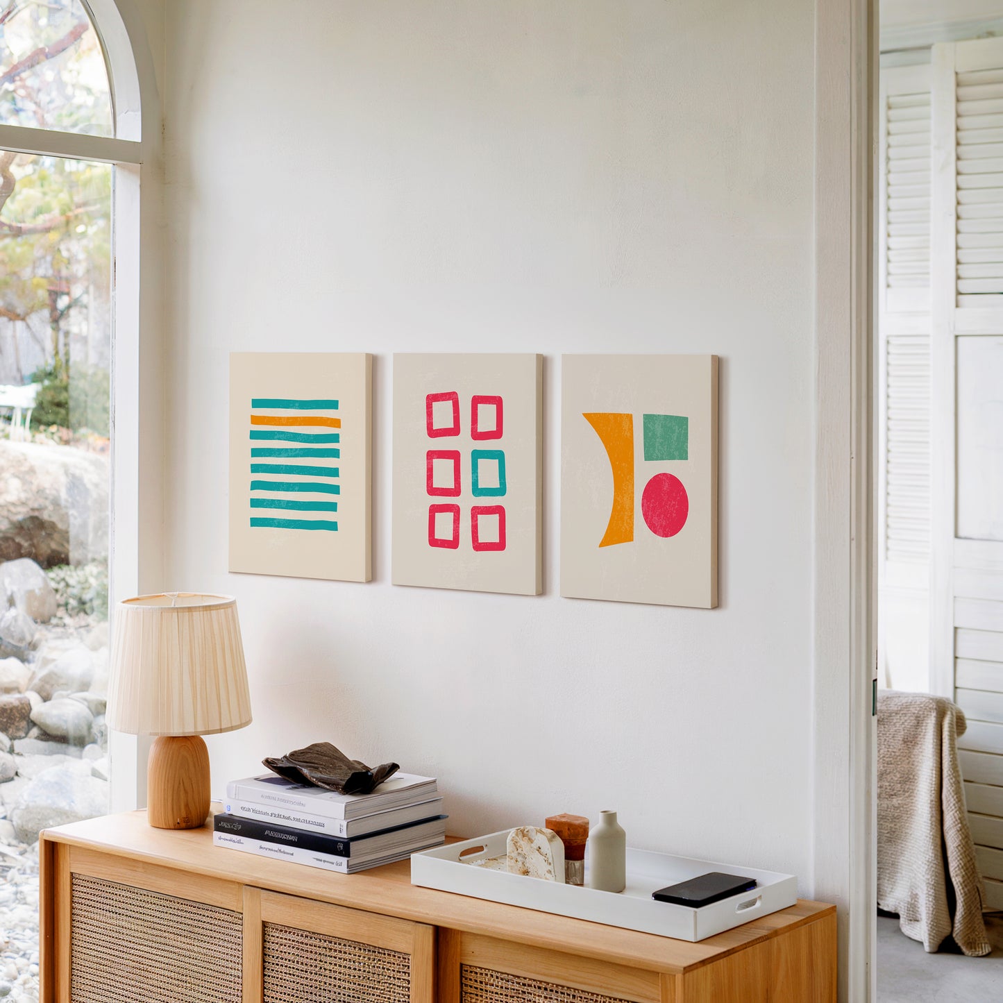 Retro Grid Shapes Trio – Set of 3 Mid-Century Modern Wall Art Prints