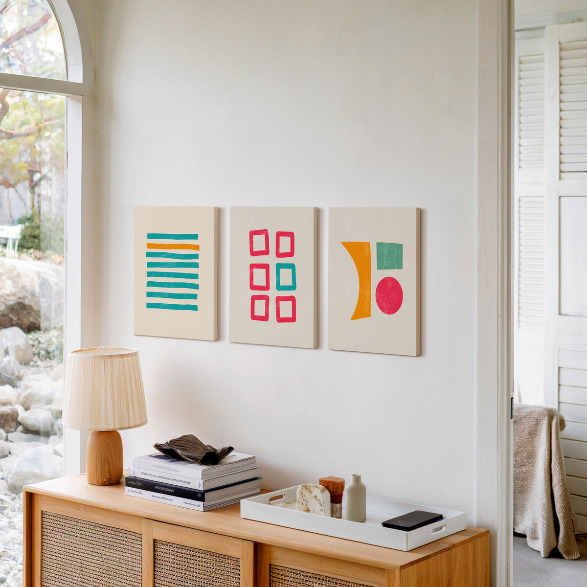 Retro Grid Shapes Trio – Set of 3 Mid-Century Modern Wall Art Prints