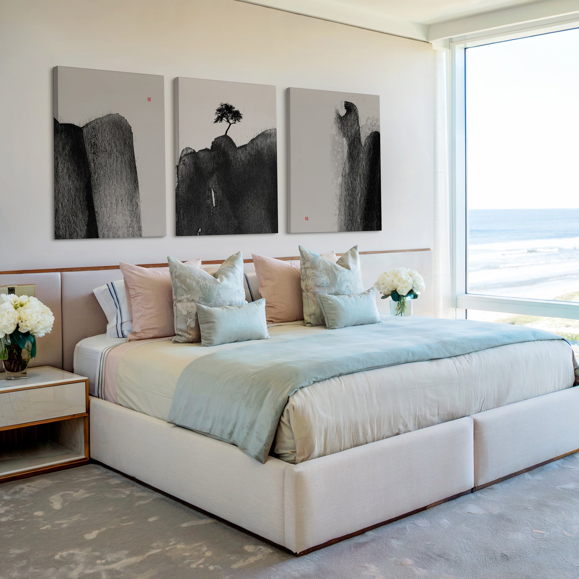 japanese ink wash sumi e set of 3 paintings