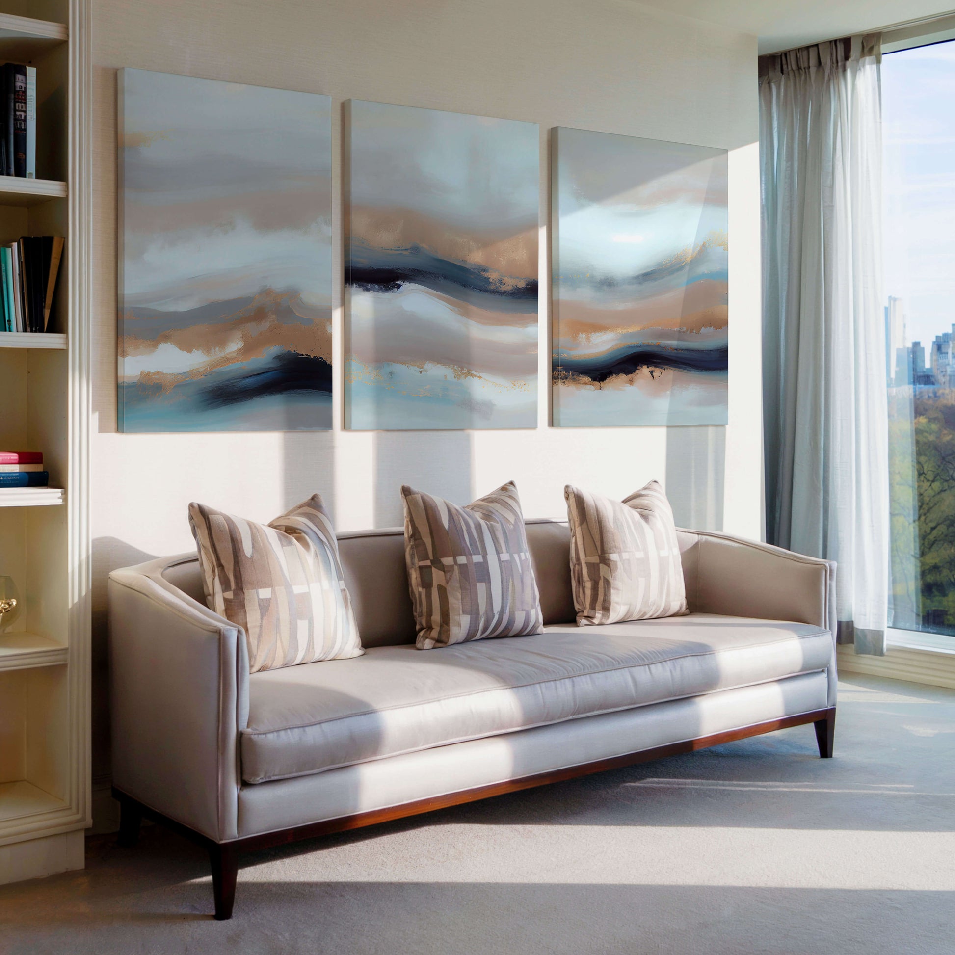 Soft coastal abstract in beige and blue – wall art set of 3 – Artrise canvas prints