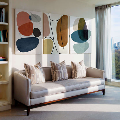 Mid-century modern abstract shapes in warm and navy tones – wall art set of 3 – Artrise canvas prints