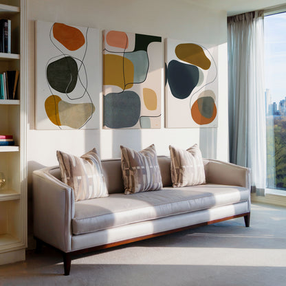 Mid-century organic pebble shapes in olive, terracotta and mustard wall art set of 3 Artrise canvas prints