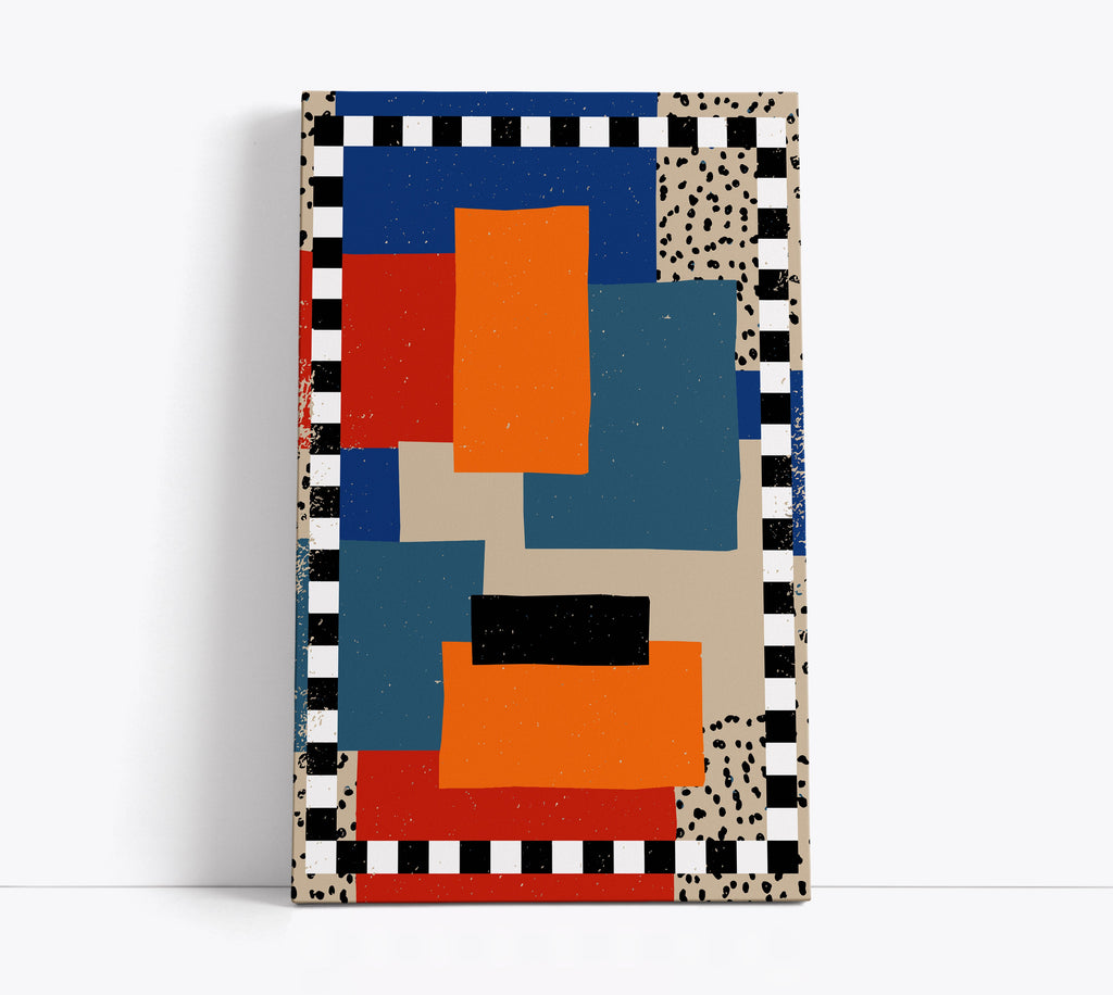 Abstract geometric wall art print with bold blue, orange, red blocks and checkered border for modern home decor