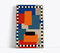 Abstract geometric wall art print with bold blue, orange, red blocks and checkered border for modern home decor