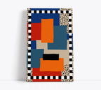 Abstract geometric wall art print with bold blue, orange, red blocks and checkered border for modern home decor