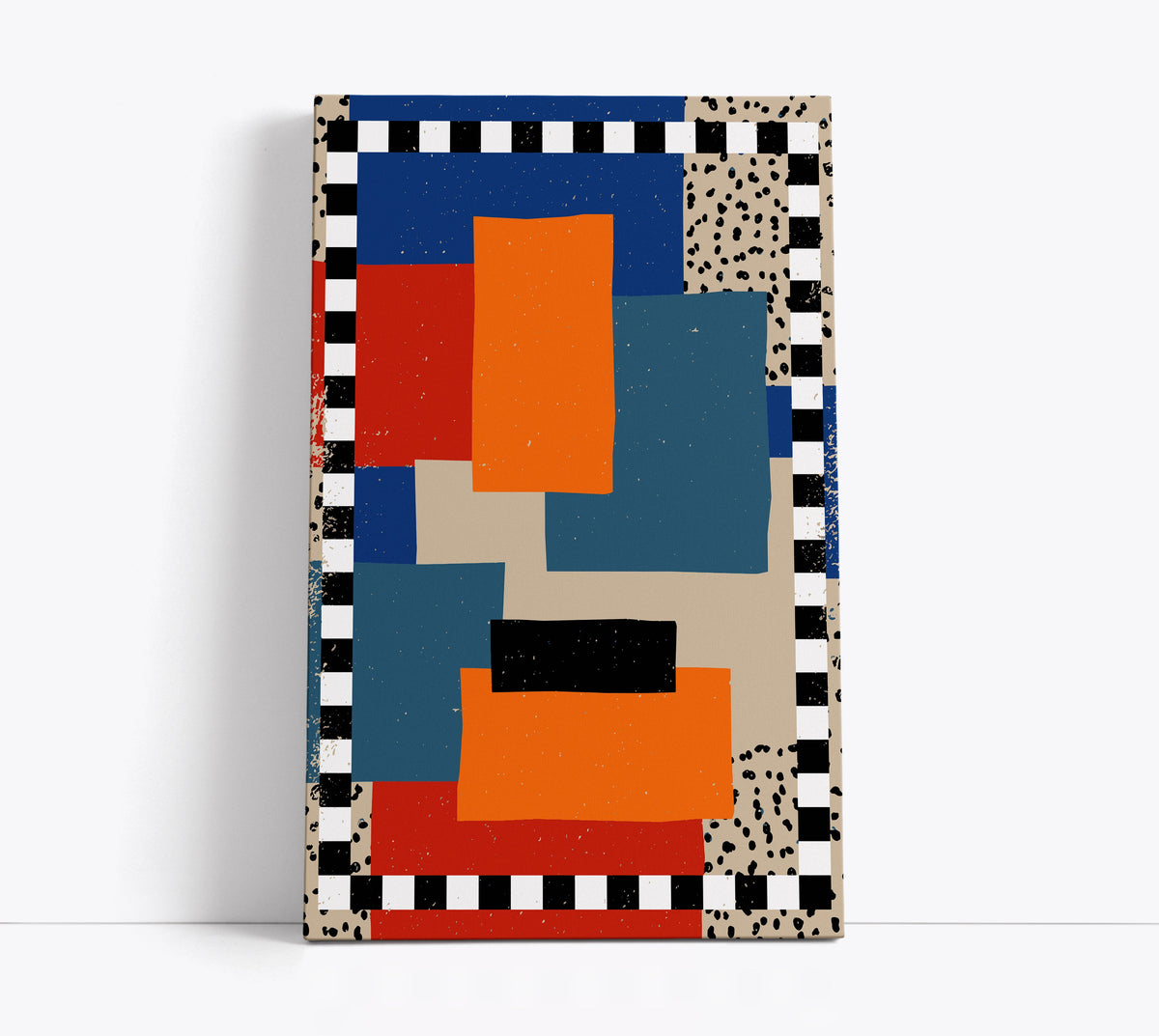 Abstract geometric wall art print with bold blue, orange, red blocks and checkered border for modern home decor
