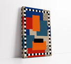 Abstract geometric canvas art with bold blocks of orange, blue, red, and black-and-white stripes for modern home decor