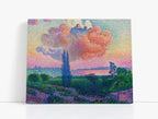 Vibrant pointillism landscape canvas print with colorful sky, trees, and water, ideal for modern home decor