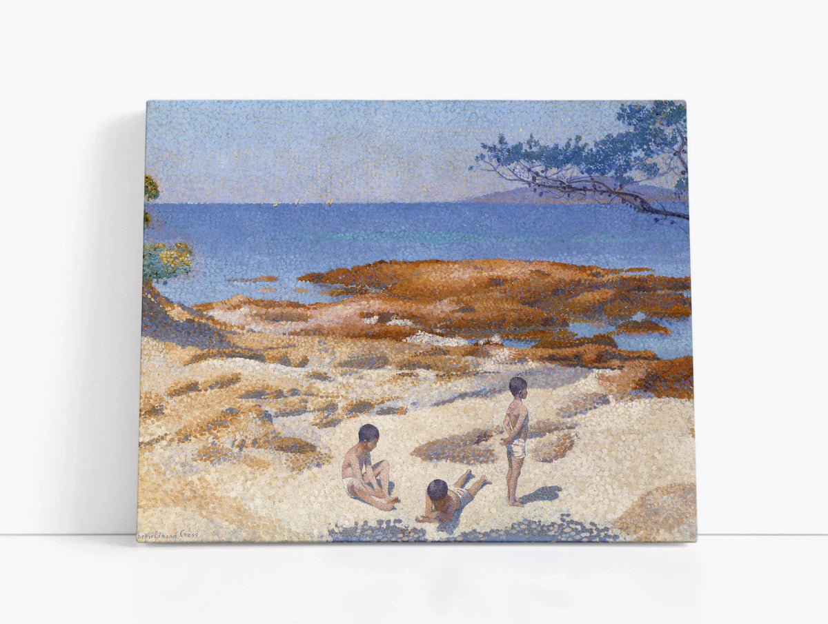 Children playing on a sandy beach with ocean and trees, pointillism art print for home decor